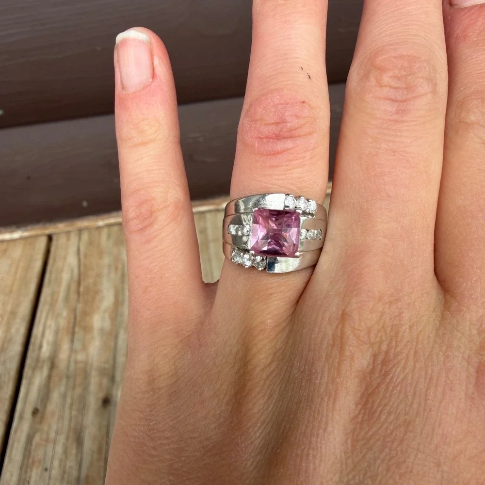 925 Sterling Silver Pink Stone Statement Ring Womens Size 7.5 Silver Pink Large